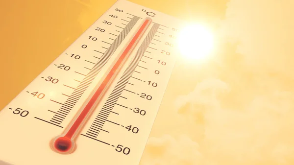 夏の天候で温度計で地球温暖化の背景 — ストック写真