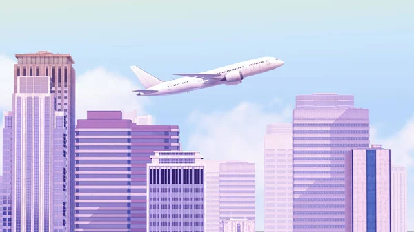 Літак Літає Над Міськими Будівлями — стокове фото