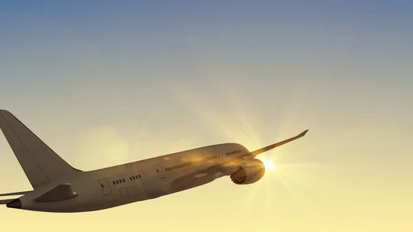 日落时分的现代客机飞行 — 图库照片
