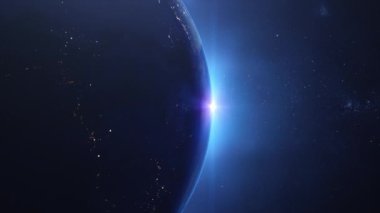 Dünyamız uzaydan dönerek gece gündüz geçişi gösteriyor.