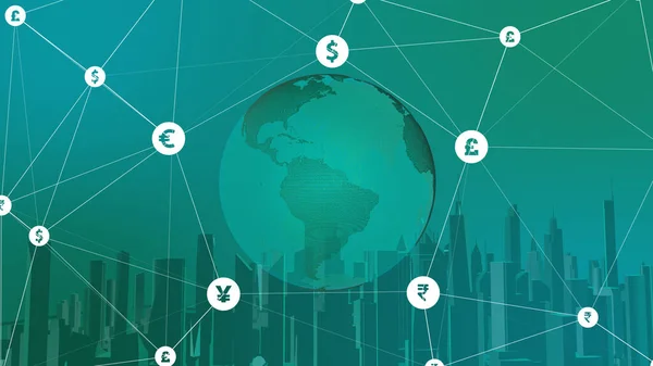 Wereldwijde Valuta Aarde Draait Met Valuta Iconen Wereldwijde Zakelijke Achtergrond — Stockfoto