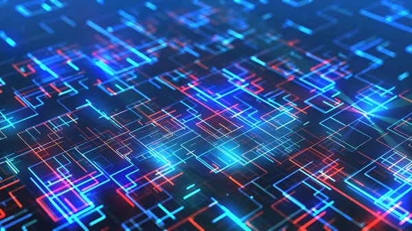 Futuristic Circuit Graphic Animation Background. Digital grid. Energy waves. CPU Processing. Digital network. Computing. Flow of Data, moving and processing inside a computer, workstation or server.