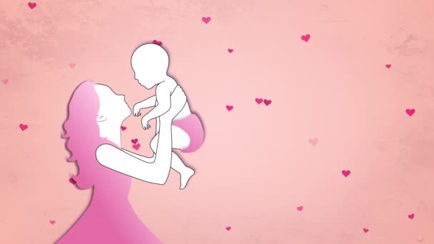 有心脏背景的母亲和婴儿的轮廓 — 图库视频影像