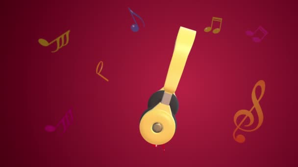 Headphone Kuning Dan Catatan Musik — Stok Video