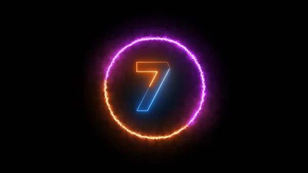 Numer Siedem Świeci Ciemnopomarańczowym Niebieskim Świetle Neonu — Zdjęcie stockowe