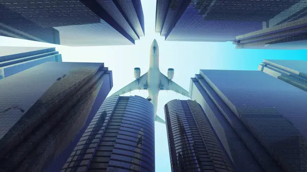 Здания Летающим Самолетом Современном Горизонте — стоковое фото