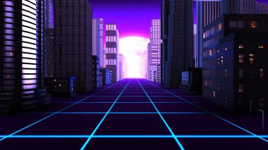 Arka planda ay olan geçmişe dönük fütürist şehir manzarası