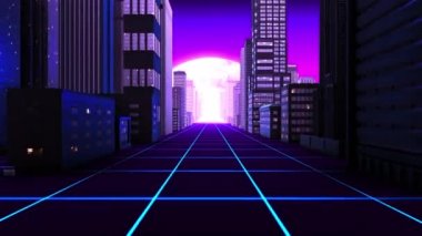 Arka planda ay olan geçmişe dönük fütürist şehir manzarası