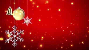 Kar taneleri ve altın şıngırtılı çan. Kırmızı Arkaplanda takıl.