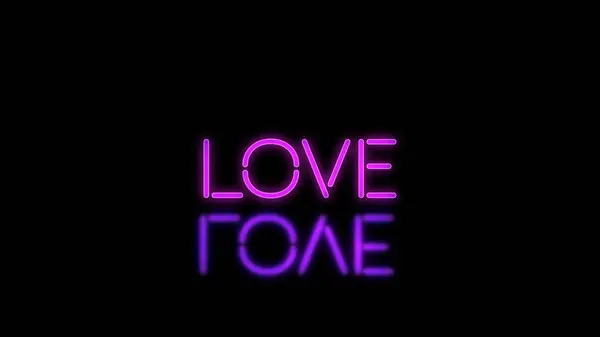 Neon glowing word \'LOVE\' on a black background with reflections on a floor