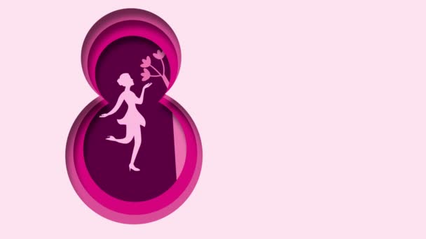 Glad Kvinnors Dag Animation Kvinnliga Silhuett Med Blommor — Stockvideo