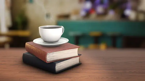Cup of coffee and books on table in cafe