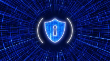 Dijital veri üzerinde anahtar deliği simgesi olan siber güvenlik konsepti