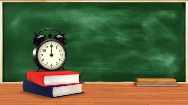 Yeşil karatahta üzerinde saat ve kitap ile eğitim kavramı