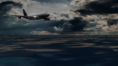 Hava bulutluyken deniz üzerinde uçan uçak