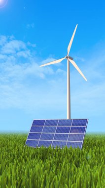 Doğadaki Güneş Panelinin yanında türbin