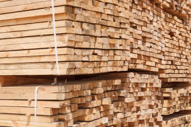 Stacks of lumber stacked and tied in warehouse