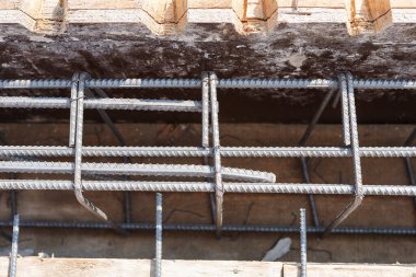 Building forms prepared for pouring concrete and reinforced with iron