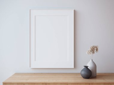Blank picture frame on white wall. Luxury home interior design - 3D render
