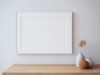 Blank picture frame on white wall. Luxury home interior design - 3D render