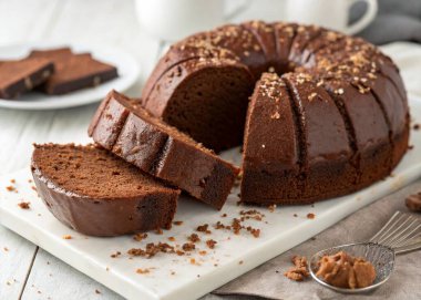 Kremalı çikolatalı pasta ve tabakta çikolata.