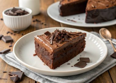 Çikolatalı kek, çikolata kremalı ve çikolata soslu, beyaz tabakta.,