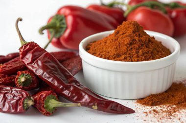 Kurutulmuş kırmızı biber tozu ve baharatlı kase.