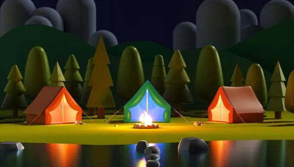 3d Wild Camping Scene In The Evening