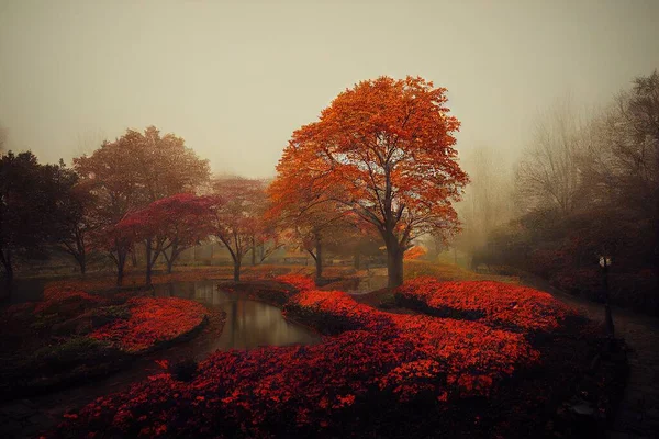 a beautiful autumn landscape in an urban park in a city center.