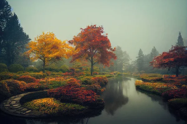 a beautiful autumn landscape in an urban park in a city center.