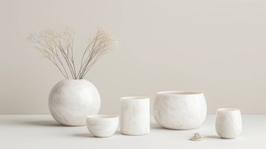 Çiçekli beyaz bir vazo beyaz bir kase ve beyaz bir fincanın yanında bir masanın üzerinde duruyor. Ögelerin düzenlenmesi bir denge ve uyum hissi yaratır.