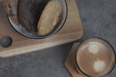 A bowl of cookies with espresso, Flat Lay, Closeup