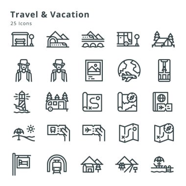 25 icons on travel, vacation and related topic