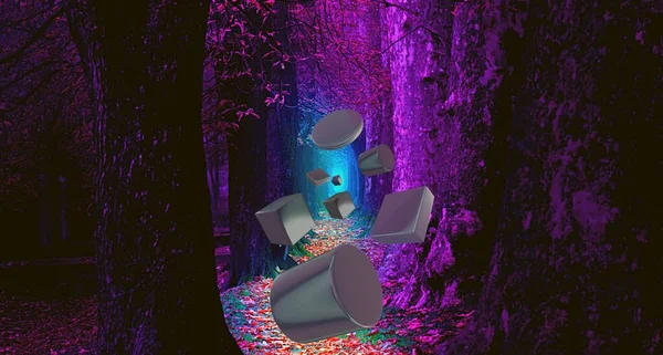 3D animation about a fantasy fairy tale forest and geometric figures