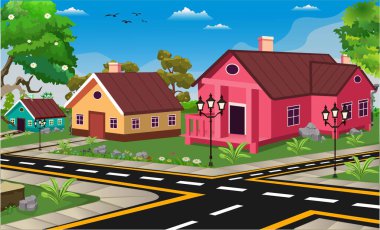 Village cartoon background illustration with old style cottage, lake, well, trees, narrow road, mountains and green grass.