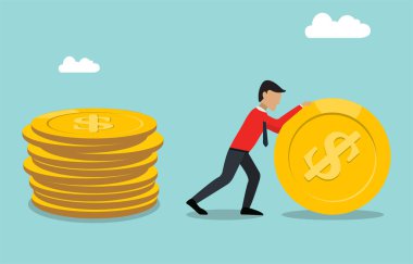 Roll dollar invest illustration Time for invest, Business man with gold coin. Time investment concept, finance and money, investor and stock market, business man invest gold coin, old gold money