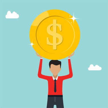 Successful Business man holds dollar coins thinking Making decision, Flat design vector illustration