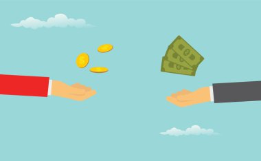 Business people transfer currency, people exchange payment, credit flat design with solid blue background