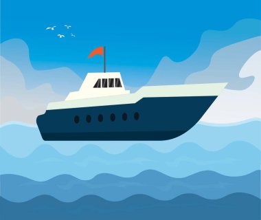 Ocean surface wavy middle sea with yacht summer cartoon abstract background vector art.