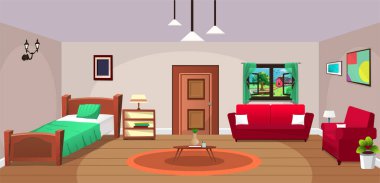 Room inside interior with cozy bed, furniture etc, vector illustration cartoon background.