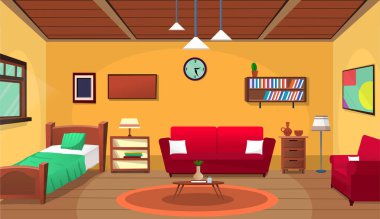 Living Room inside interior with cozy bed, furniture etc, vector illustration cartoon background.
