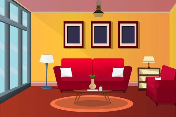 部屋のインテリア 漫画のリビングルーム 家具付きの子供部屋 十代の部屋 ソファ付きの高級住宅 — ストックベクタ