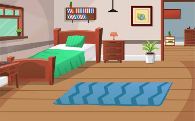 Living Room inside interior with cozy bed, furniture etc, vector illustration cartoon background.