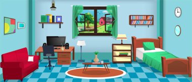 Living Room inside interior with cozy bed, furniture etc, vector illustration cartoon background. clipart