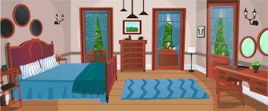 Living Room inside interior with cozy bed, furniture etc, vector illustration cartoon background.