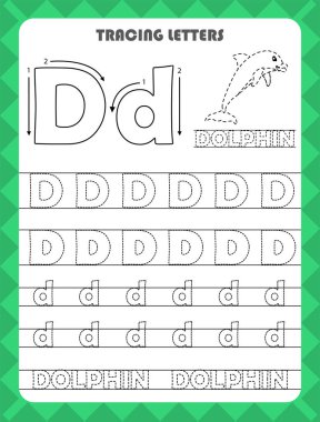Trace letters of English alphabet and fill colors Uppercase and lowercase D. Handwriting practice for preschool kids worksheet.