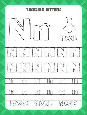 Trace letters of English alphabet and fill colors Uppercase and lowercase N. Handwriting practice for preschool kids worksheet.
