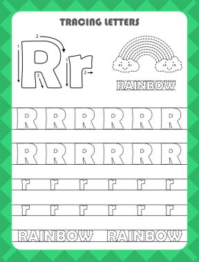 Trace letters of English alphabet and fill colors Uppercase and lowercase R. Handwriting practice for preschool kids worksheet.