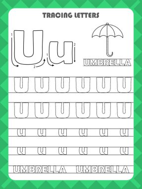 Trace letters of English alphabet and fill colors Uppercase and lowercase U. Handwriting practice for preschool kids worksheet.