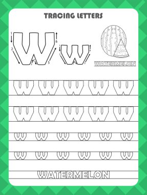 Trace letters of English alphabet and fill colors Uppercase and lowercase W. Handwriting practice for preschool kids worksheet.